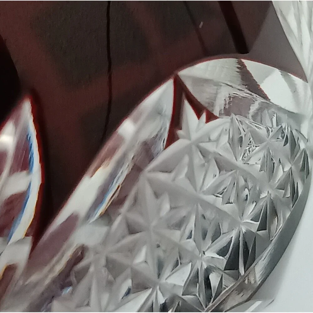 Crystal Ruby Red Cut To Clear Vase Bowl Candle Holder Cut Glass Bohemian READ